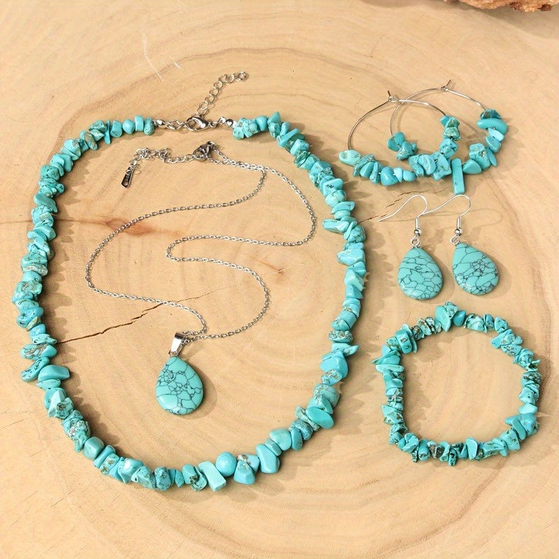 TEMU Bohemian Natural Turquoise Jewelry Set For Women, Of Earrings, 2 Necklaces & 1 Bracelet, Handmade Irregular Natural Stone Jewelry Set,