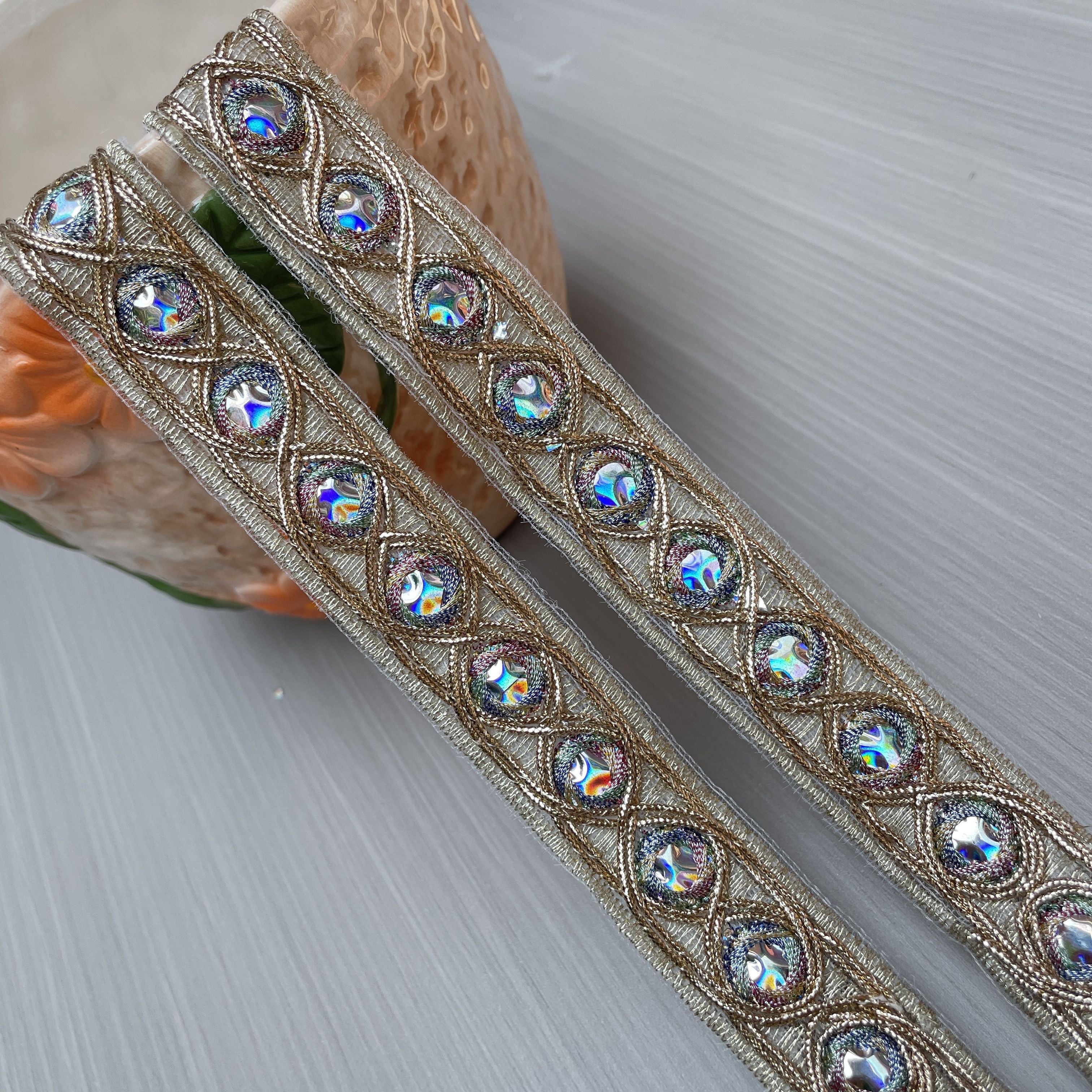 TEMU Golden Embroidered Lace Trim With Sequins, 2 Meters Per Pack, 2cm Width, Mirror Piece Sequined Ribbon For Diy Headpieces, Curtains, And Apparel