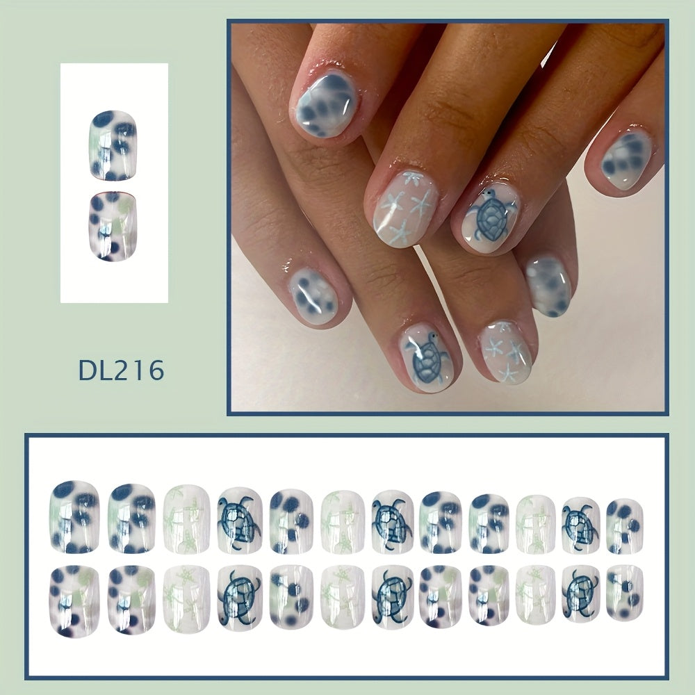 TEMU 24pcs Short Square Shell & Starfish Nail Art Set - Removable Fake Nails With Turtle & Ocean Themes, Glossy Finish, Beach & Summer , Beach Nail