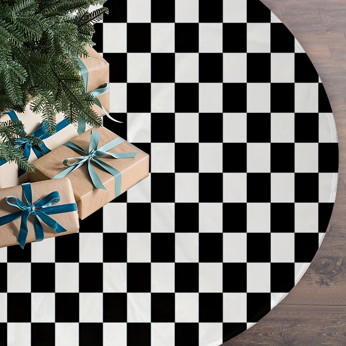 TEMU 1pc Polyester Christmas Tree Skirt, 48" Checkered Flag Design, Festive Holiday Tree Decor, Perfect For