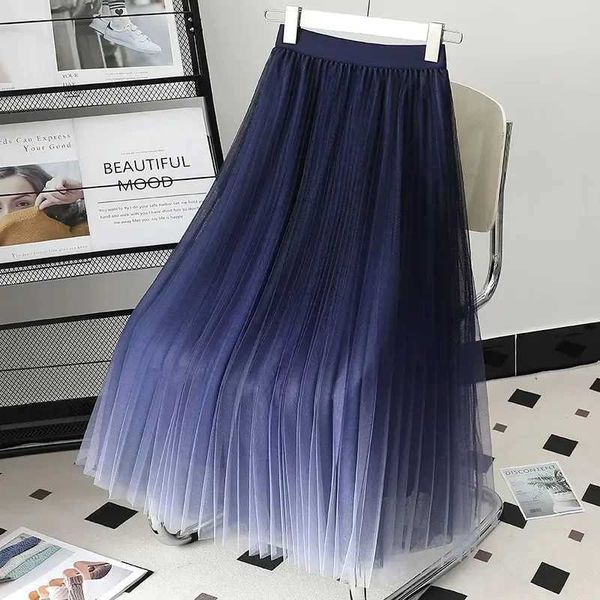 Skirts Folded gradient light blue long womens summer elastic high waisted A-line Skirt Korean Designer Skirt Streetwear P624 Q240507