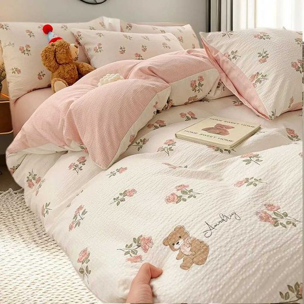 Cute Bear Pink Flower Bedding Set Soft Washed Cotton Quilt Cover Twin Full Bed Linen Adults Girls Floral Duvet Covers No FillingC241021