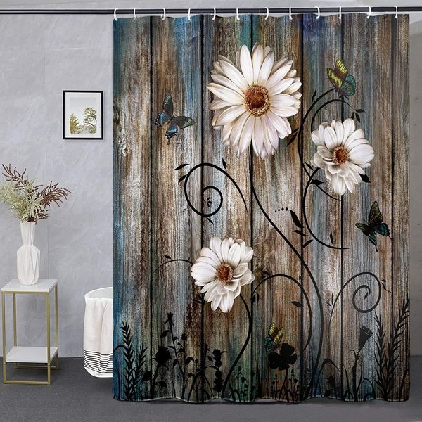Shower Curtains Country Shower Curtain Set Grey Flower Fabric Shower Curtain Butterfly Daisy American Country Farm Style with Hook Bathroom