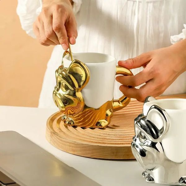 1 creative stereo dog coffee cup cartoon animal tea cup gold-plated silver dog ceramic cup couple gift oat cup home decoration 240830