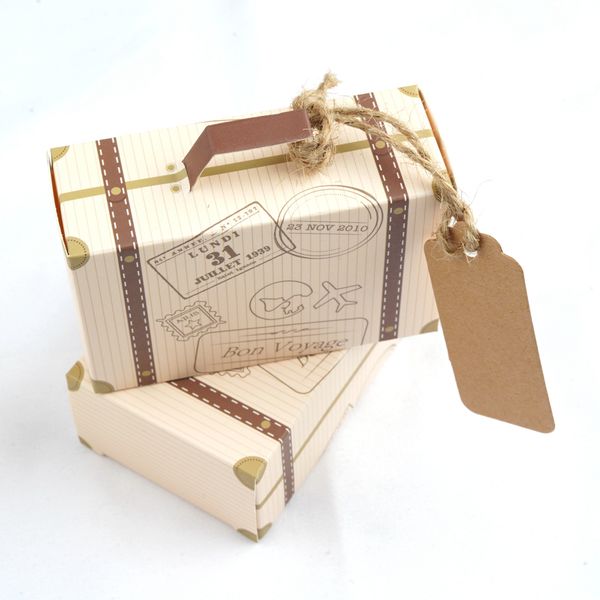 Kraft DIY Vintage Mini Suitcase Candy Box with Tags Chocolate Packaging Gift Boxes Party Wedding Favor For Guests 10pcs-Lot