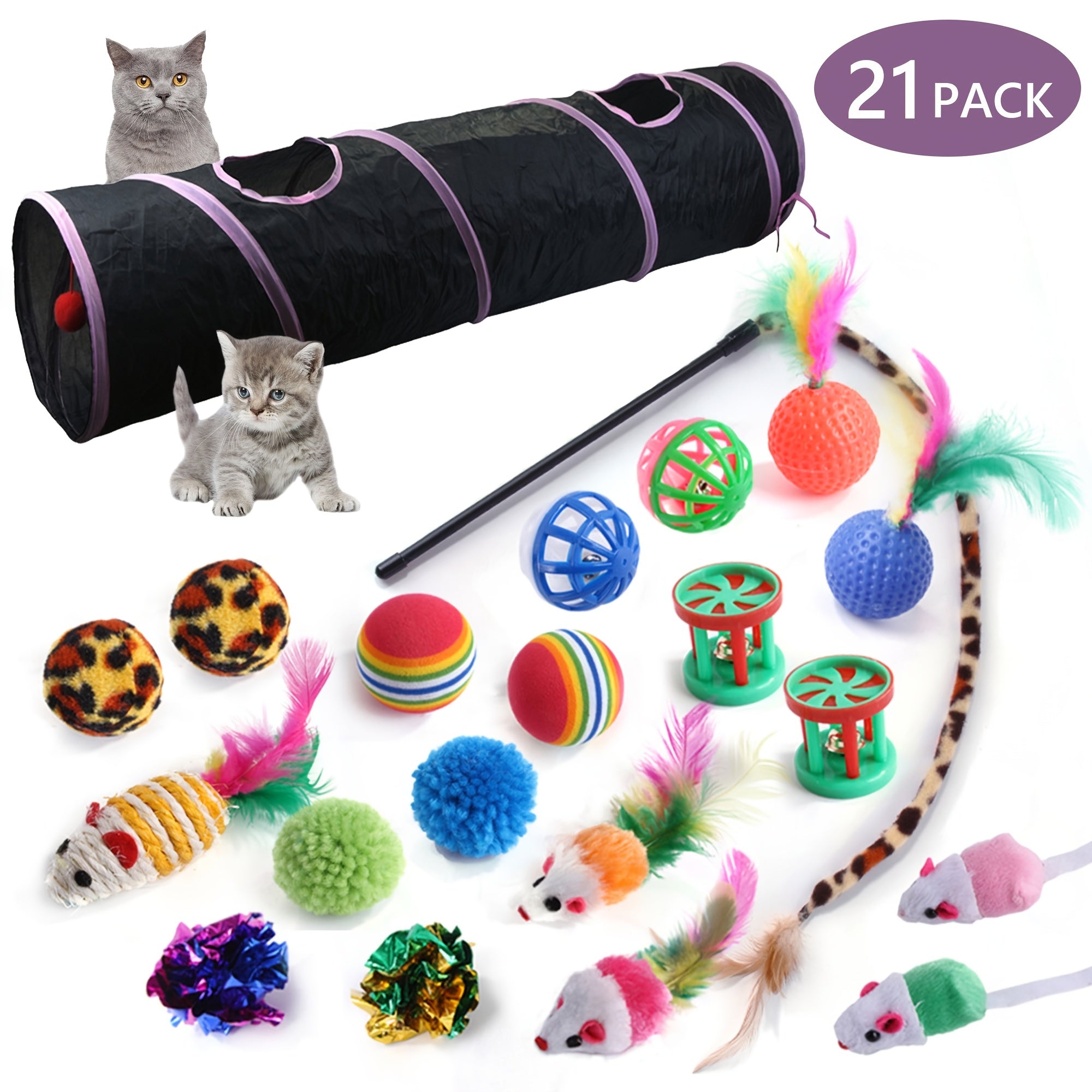 TEMU 21pcs Cat Toys Kitten Toy Set Tunnel Interactive Cat Toys Through Cat Tunnel Leopard Print Teasing Stick Fluffy Mouse For Cats Puppies, Without