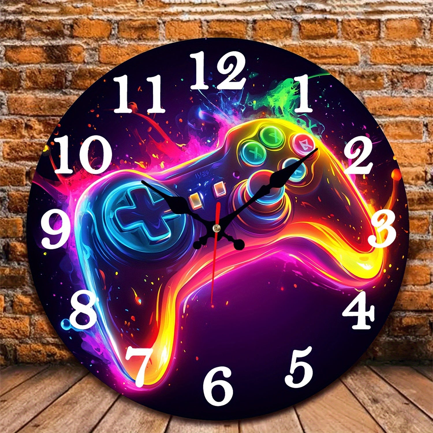 TEMU 1pc Neon -the-dark Gaming Wall Clock - 10-inch Modern Round Game Controller Design With Neon Lights, Large Black Face & White Hands, Japanese