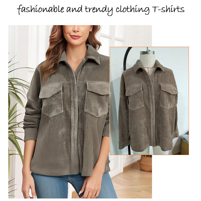 Women&#039;s Blouses Women&#039;s Corduroy Button Down Shirt - Loose Fit Lapel Long Sleeve Top with Pockets