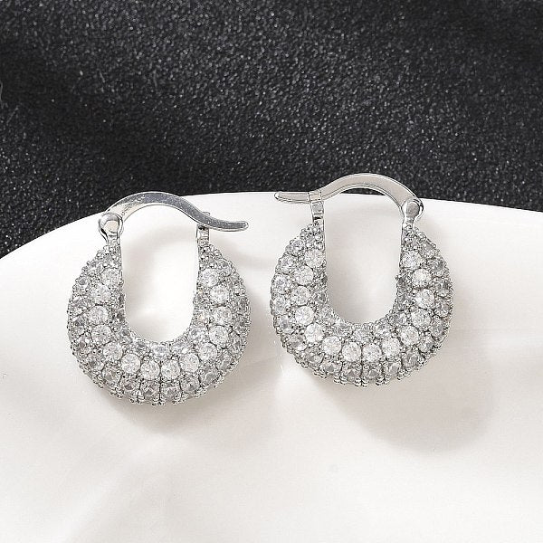 Boucles d'oreilles créoles rondes plates en laiton avec micro pavé de zircones cubiques transparentes