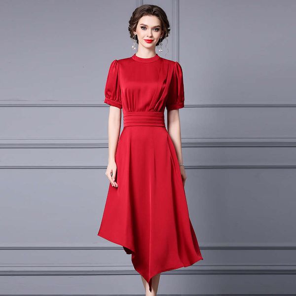 Zhi Li Gao Leng Yu Jie Temperament Dress Summer Red Cinched Waist Tied with Bubble Sleeves Irregular Large Swing Long Skirt Temperament Shor