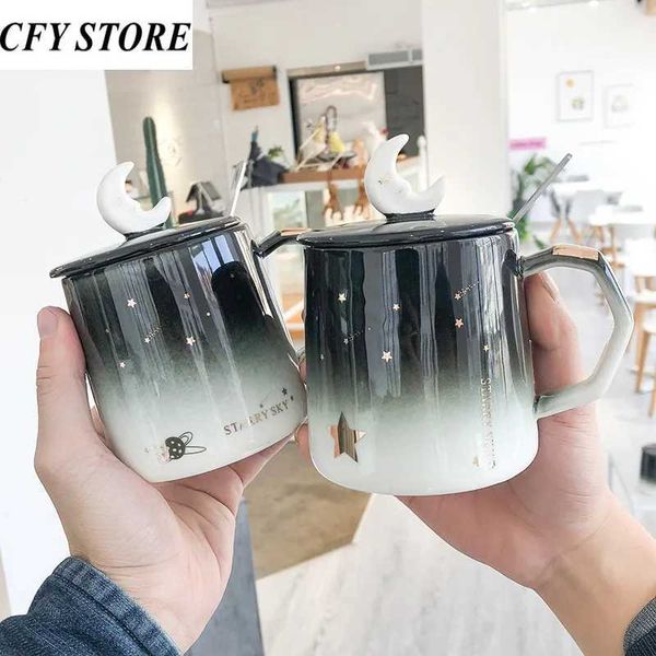 1 piece of 400ml ceramic coffee cup with lid and spoon creative star pattern lover Mlik juice childrens water cup beverage CL240905