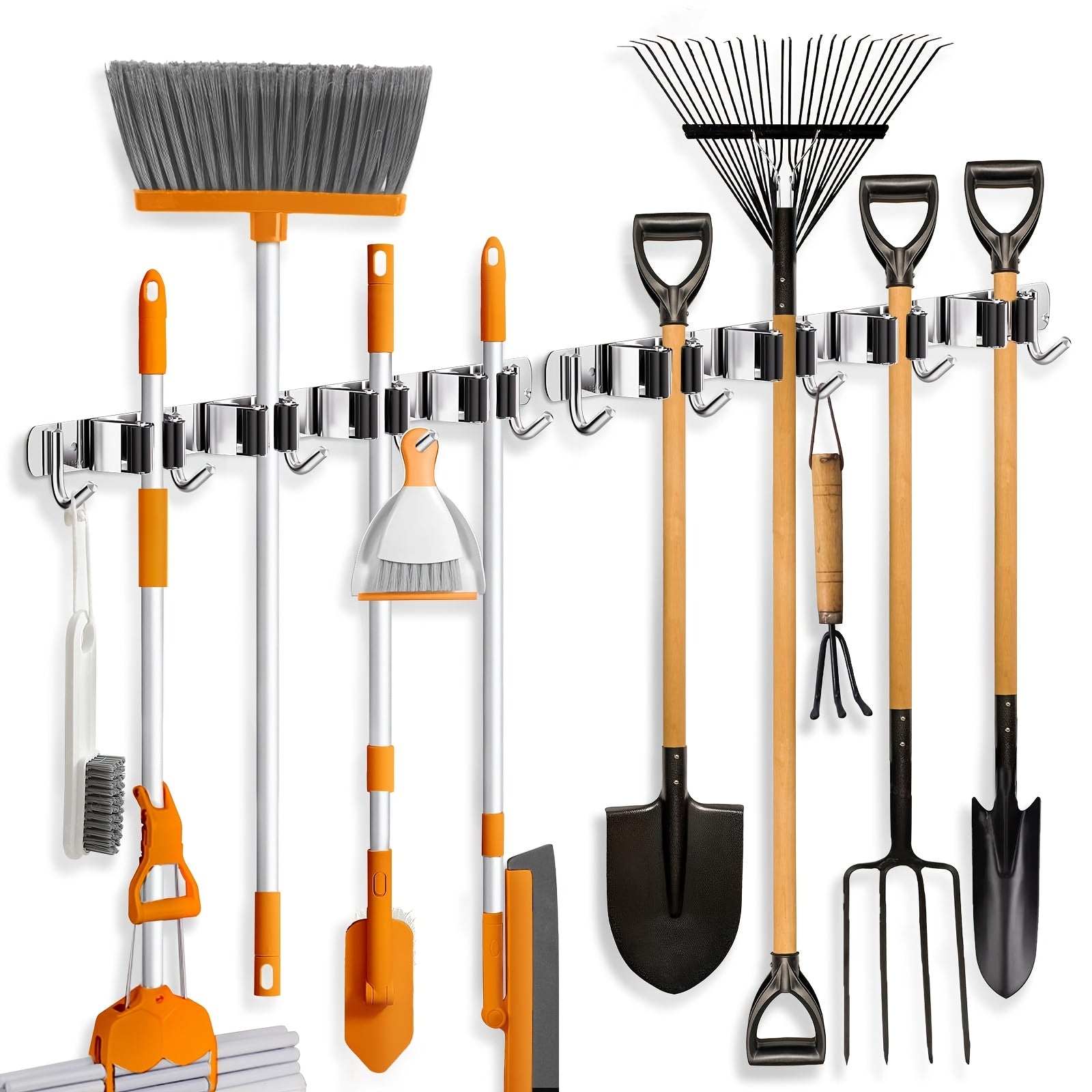 TEMU 2 Pack Mop Broom Holder Wall Mount, 4 Racks And 5 Hooks Broom Organizer Storage Tool Racks,304 Stainless Steel Material,garage Organization And