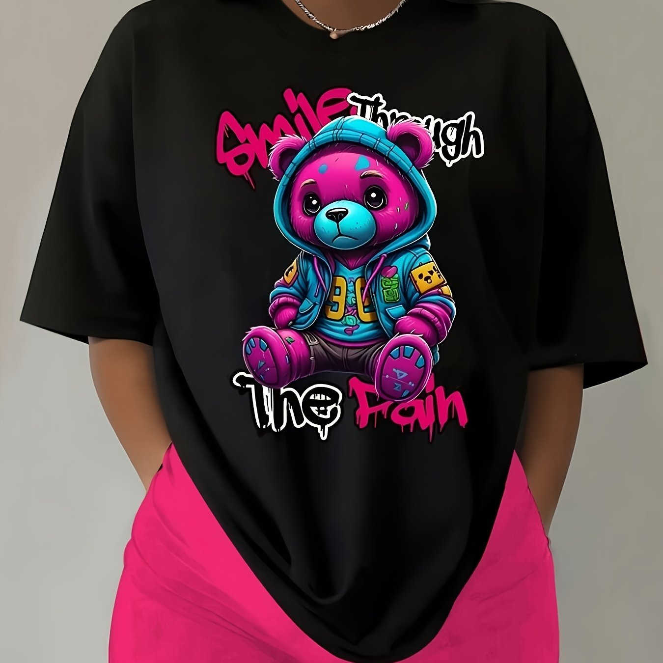 TEMU Vibrant Bear Pattern Hoodie Design | Smile Through The Pain" Printed T-shirt - Casual Short Sleeve, Round Neck, All , Machine Washable, Suitable