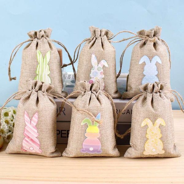 Candy 6Pcs Bunny Burlap Pattern Jute En Treat Gift For Easter Kids Cookies Snack Pack Bags Party Decorations