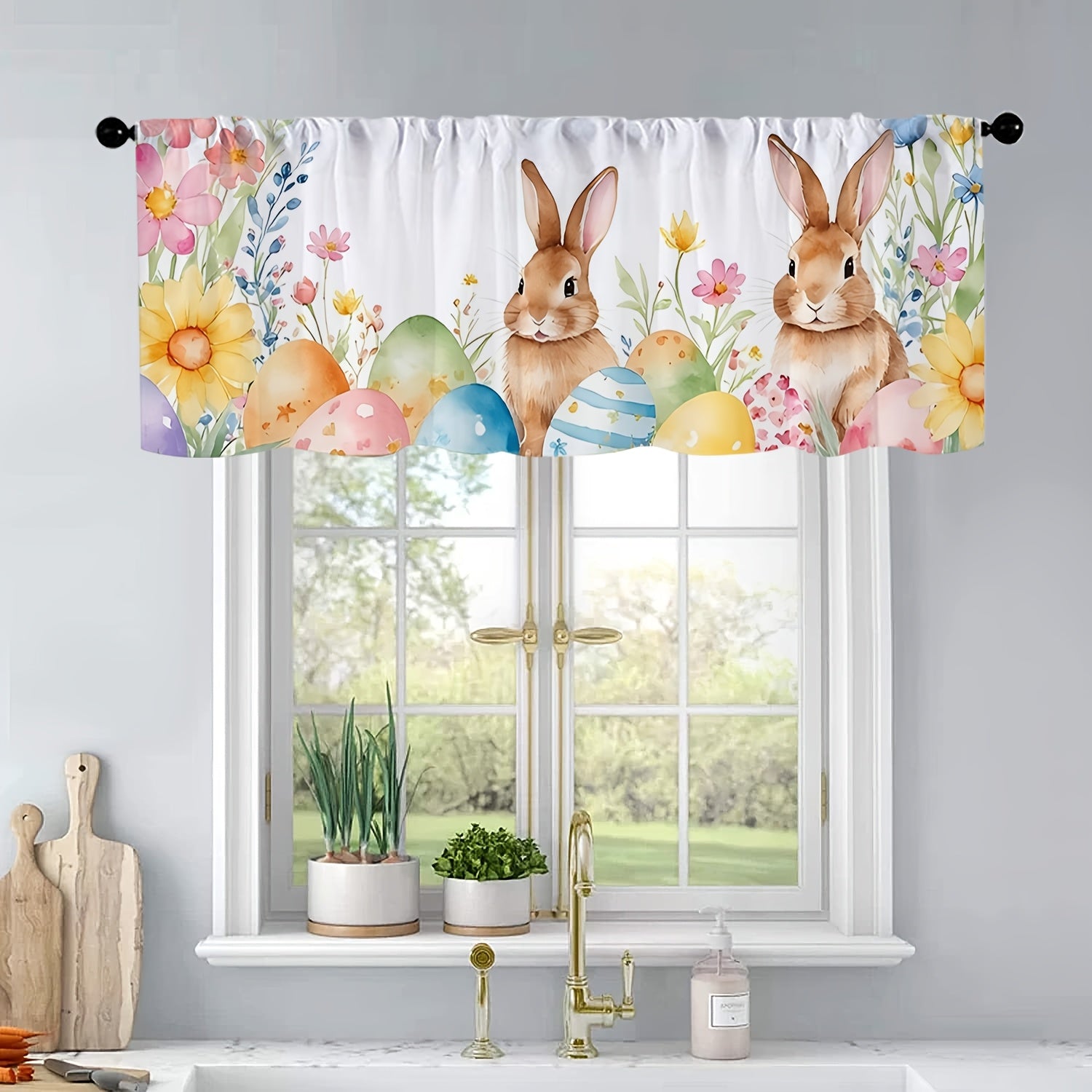 TEMU 1 Spring Easter Bunny & Egg Floral Print Kitchen Valance - Vibrant Light-filtering Curtain With Rod Pocket, 54"x18", Machine Washable Polyester