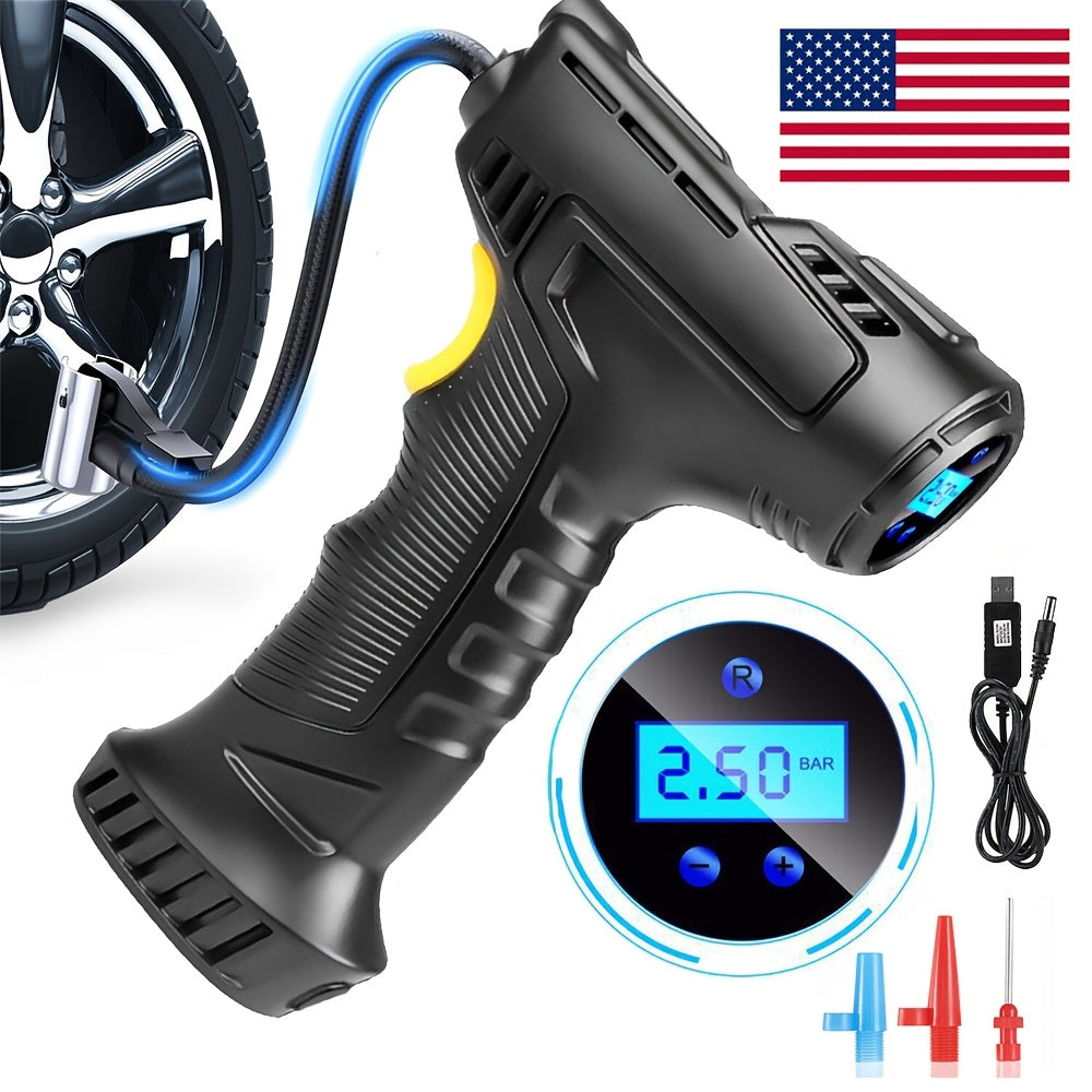 TEMU 1x Portable Wireless Handheld Air Pump With Digital Pressure Gauge, & Usb Charging - Ideal For Cars, Bikes, | Abs, Black With Lcd Display, Air