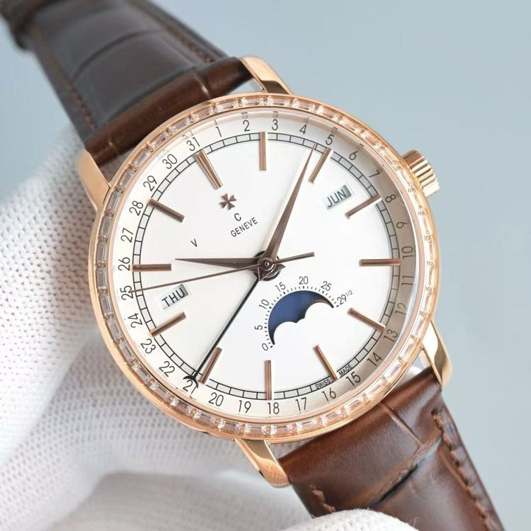 Traditional Series Full Calendar Wristwatch Mens Brand 4010T Automatic Movement Precision Moon Phase Display Dial Watches Ladder Style Circular Watc