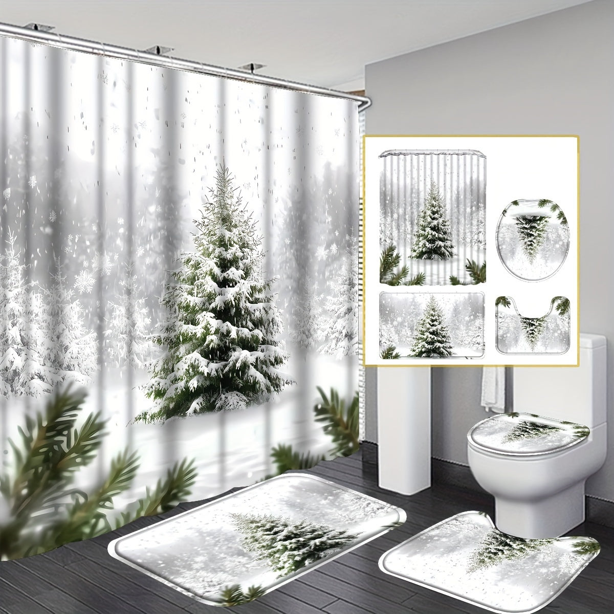 TEMU 4pcs Luxurious Christmas 3 Shower Curtain Sets, Christmas Gifts Bathroom Sets With Shower Curtain And Rugs, Bathroom Decor Rug Toilet Lid Cover