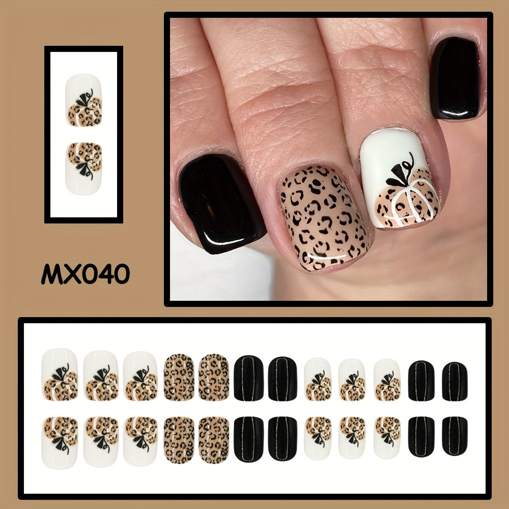 TEMU 24pcs Halloween Short Square Press-on Nails - Ombre Leopard Print With Pumpkin & Leaf Design, Glossy Finish, Includes Jelly Glue & Nail File For