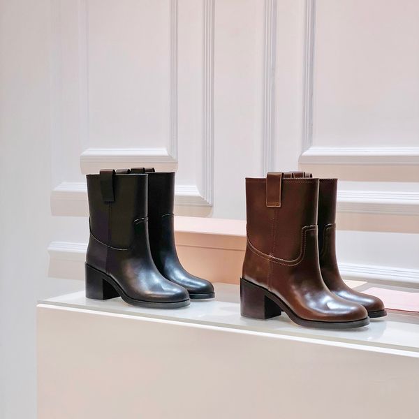 2024 Booties Cognac Brown Calf Leather Ankle boots Round toe mid block heels luxury Casual women Fashion shoes factory footwear