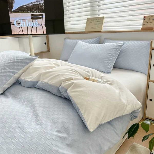 Newly arrived washed cotton waffle jacquard bedding zippered down duvet cover pillowcase contrasting color super soft W240801