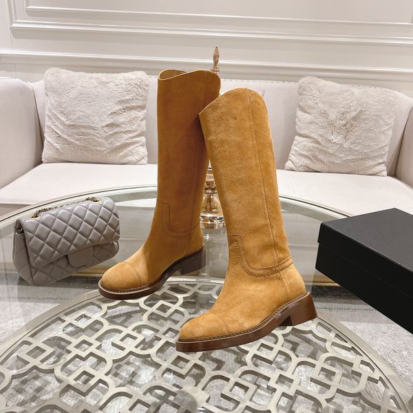 Cow Leather Suede Knee Knight Boots Round Toe Chunky Low Heels Slip On Boots womens Autumn Winter Luxury Designer Leather Sole Factory Shoes