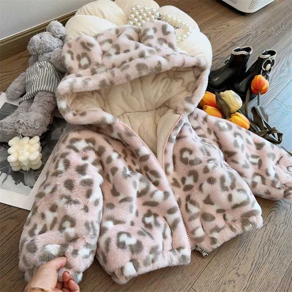 Kids Girls Thick Cotton Coat Pink Leopard Print Hooded Long Sleeve Fleece Jackets Soft Warm Autumn Children Outerwear Tops 2-8Y Y240803