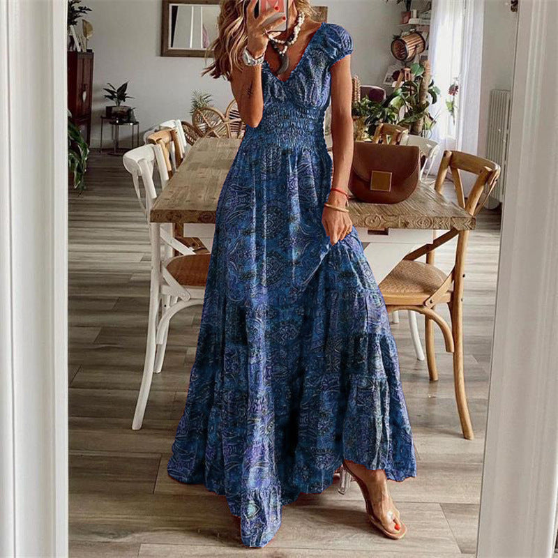 F218European and American cross-border new Bohemian style waist dress long dress floral print swing dress women&#039;s clothing