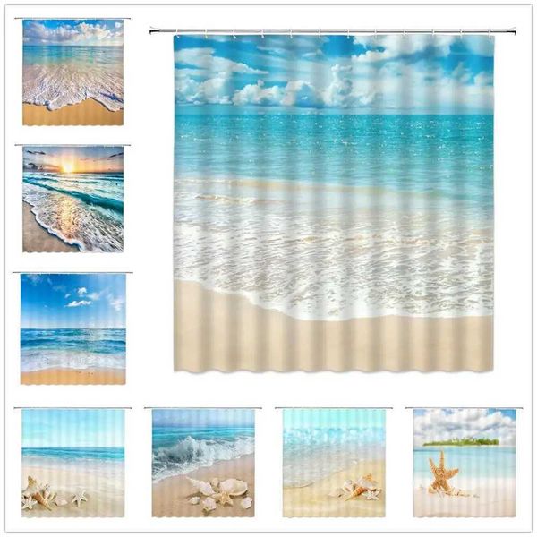 Ocean Beach Shower Curtains Set Sea Wave Summer Scenery Blue Sky Landscapes Shell Starfish Bathroom Decor Polyester Bath Curtain M240824