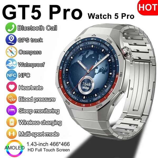 GT 5 PRO 2025 Novo SmartWatch Men 466*466 HD SN 24H Monitoramento da pressão arterial Mulheres NFC GPS Outdoor Sports Smartwatchxj250108