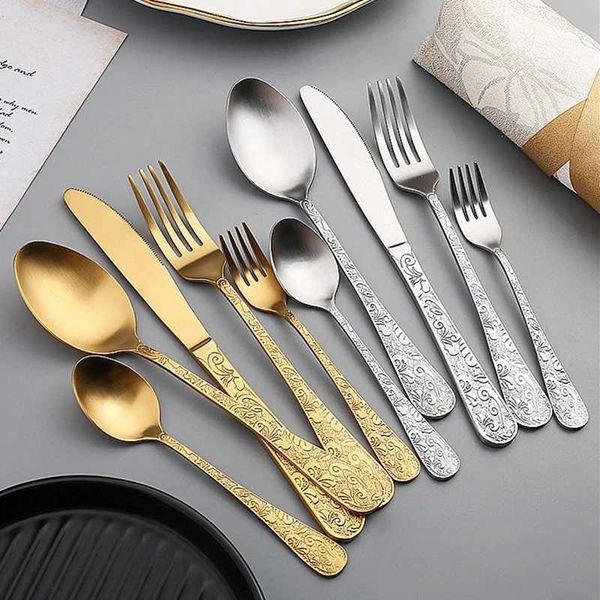 Stainless Steel Sanding Retro Tableware Flower Pattern Steak Knife Fork Dessert Spoon Teaspoon Western Cutlery Kitchen Utensils X250210