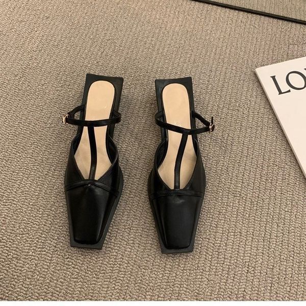 Wild Women&#039;s Shoes 2024 Summer New Fashion Toe Semi-slippers Wear Square Toe Low Heel Slip Muller Sandals Black