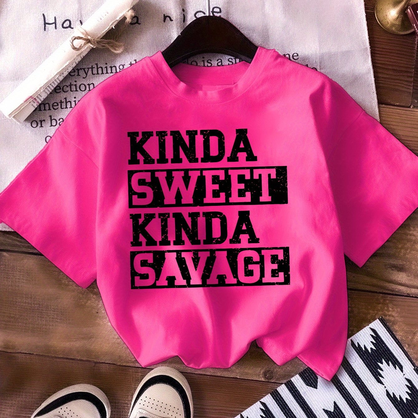 TEMU Girls' " Sweet, Savage" Graphic Tee - 100% Cotton, Pink Casual Short Sleeve T-shirt With Black Lettering, Loose Fit, Machine Washable, Summer
