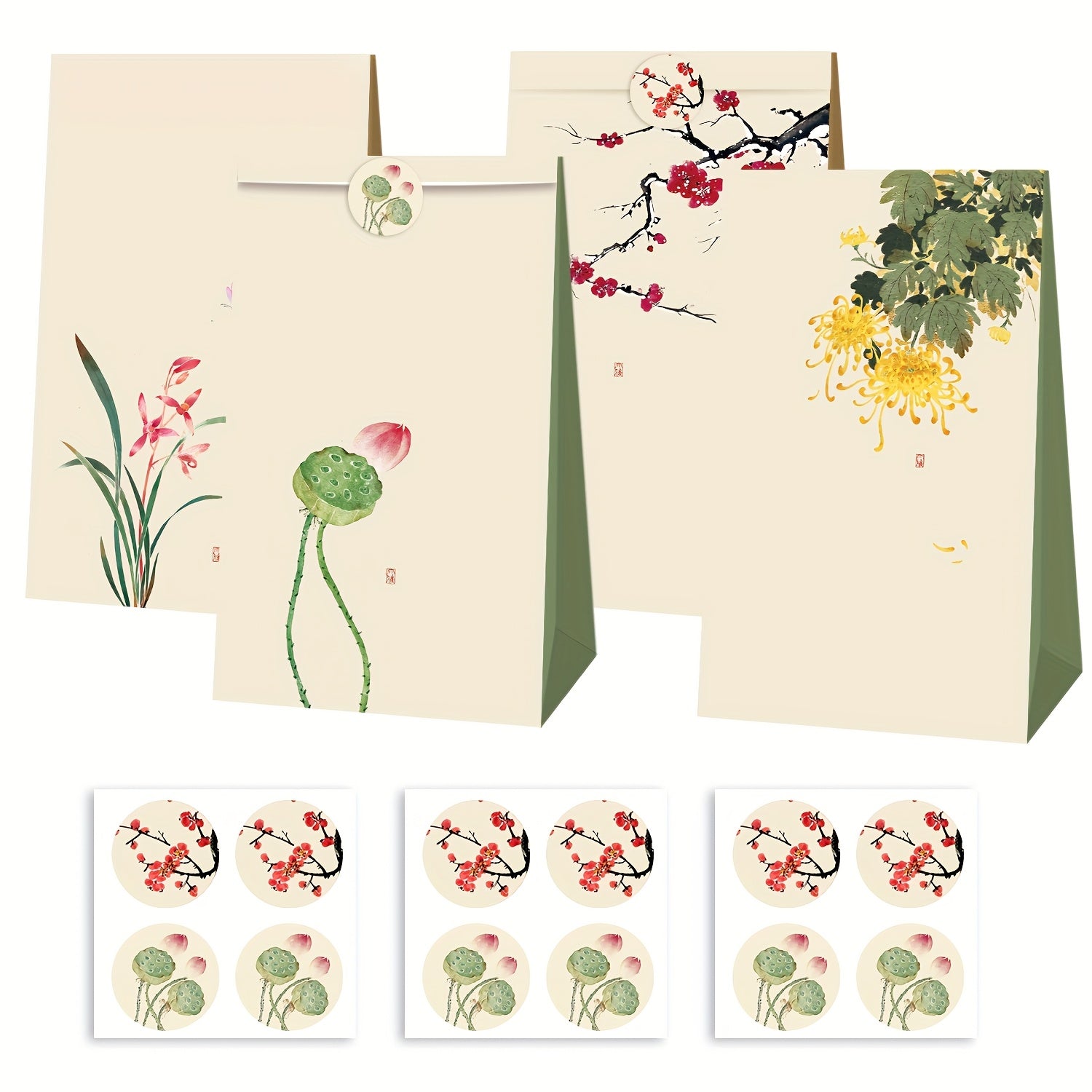 TEMU 12pcs Chinese-style Floral Brown Paper Candy Bags With Red & , Green Leaves, And Golden Accents - Elegant & Gift Bags For , Party Decorations |