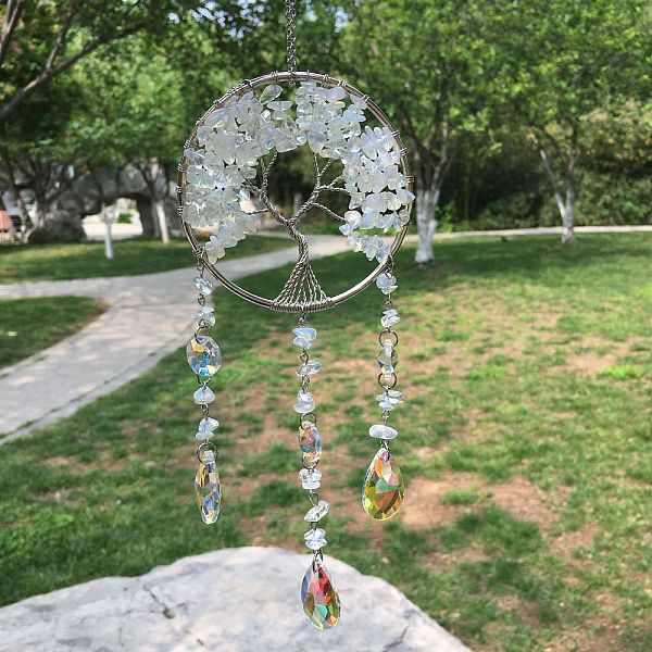 Metal Wire Wrapped Opalite Chips Flat Round with Tree of Life Pendant Decorations. Hanging Suncatchers