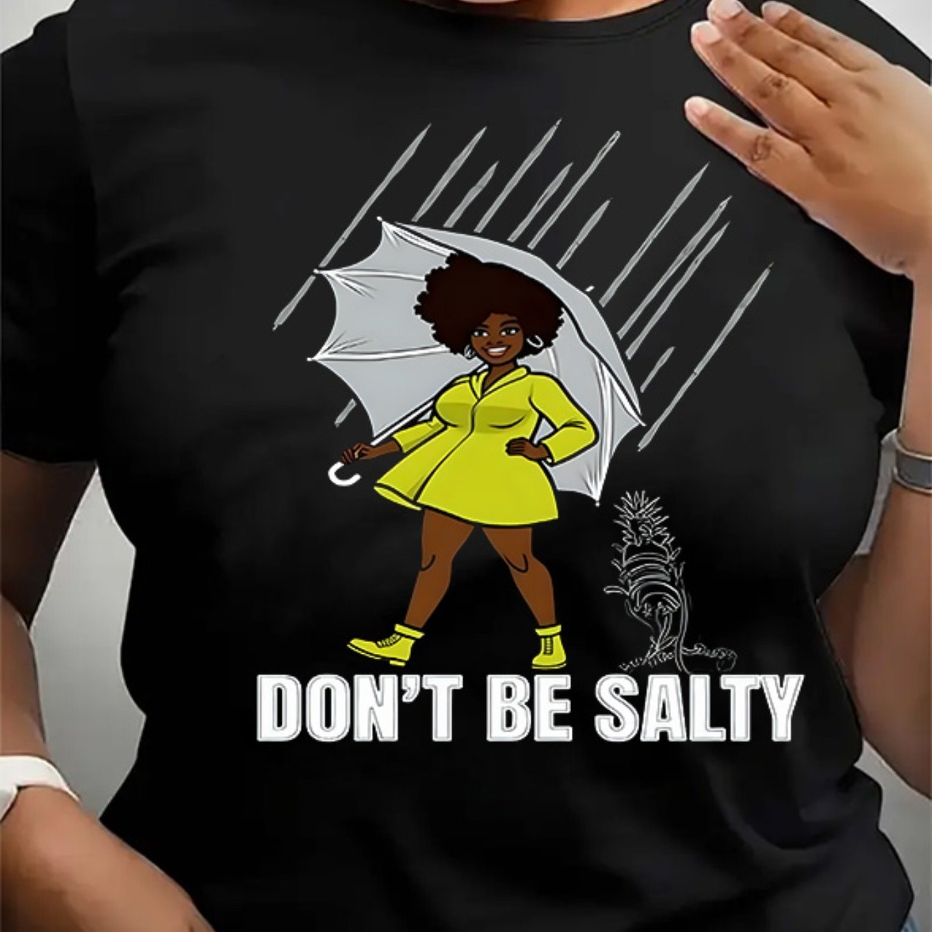 TEMU Women's Plus Size Casual T-shirt - "don't Be " Graphic Design, Comfortable Fabric, Black With Colorful Illustrations, Perfect For Casual Attire,