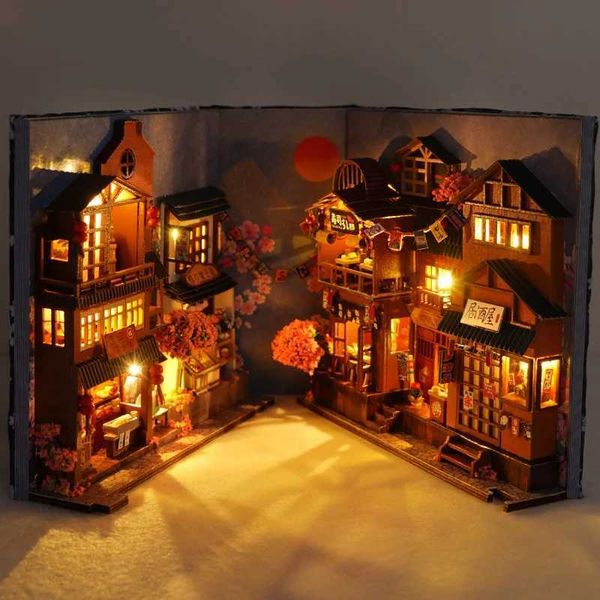 ArchitectureDIY House DIY Book Nook Shelf Insert Kits Miniature Dollhouse with Furniture Room Box Cherry Blossoms Bookends Japanese Store T