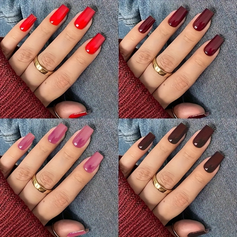 TEMU 96pcs Glossy Solid Color Medium Square Nail Art - Red, Burgundy, Beige, Black Mixed Winter Fake Nails For Parties And Daily Use, , Elegant Nail