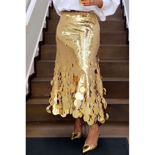 Plus Size Women Formal Elegant Gold Sier Long Sequin Party Club Evening High Waist Female Casual Tail Skirts