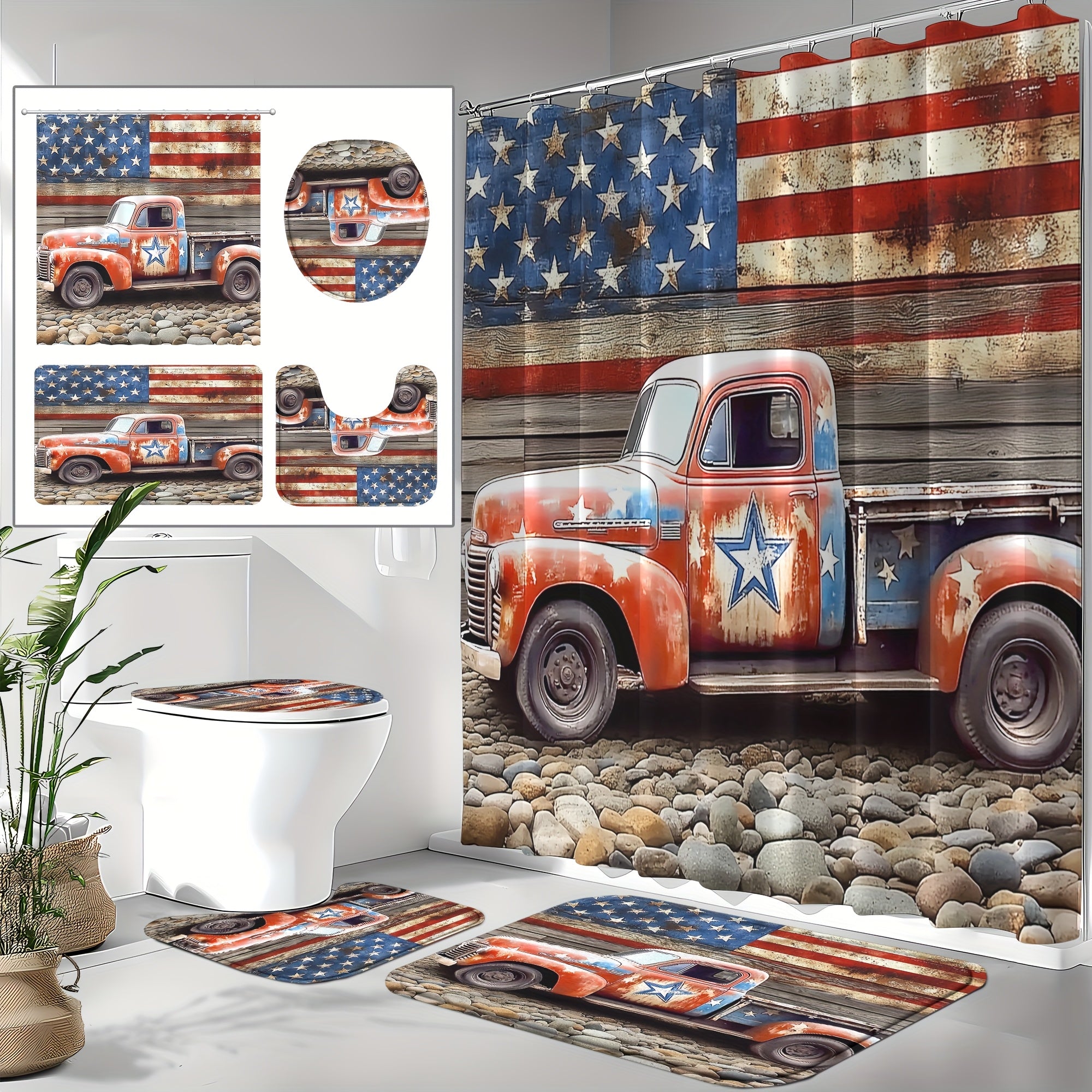 TEMU 4pcs Vintage American Flag Shower Curtain Set, Bathroom Curtain With 12 Hooks, Fabric, Machine Washable Non-slip Rugs, Toilet Lid Cover &