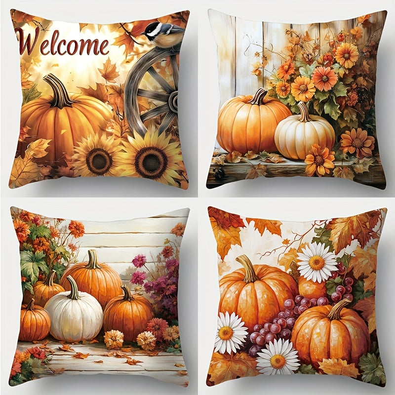 TEMU 2d Flat-print Pillowcases, 4pcs, Featuring An Autumn Pumpkin Theme With Sunflowers, Chrysanthemums, Grapes, And Birds. Suitable For Everyday ,