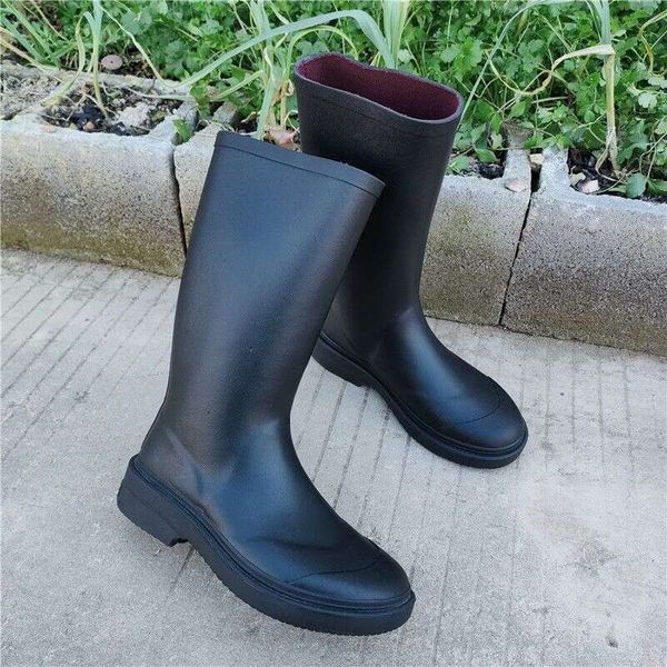 New women designer rain boots thick heel high boots worn outside booties round toe Waterproof thick soled rubber mid high tube rain boots Kn