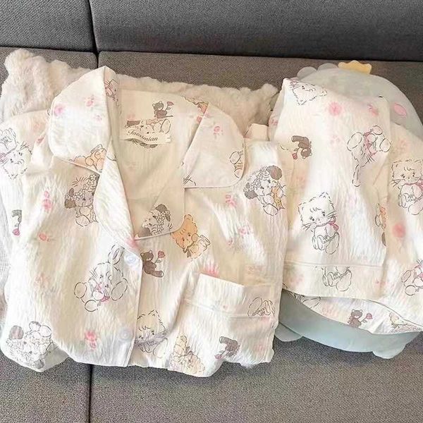 Womens Pajamas Summer Short Sleeve Sleepwear Set Cartoon Cute Bear Printed Pyjama Woman Ruffle Home Nightwear Set CardiganC241213