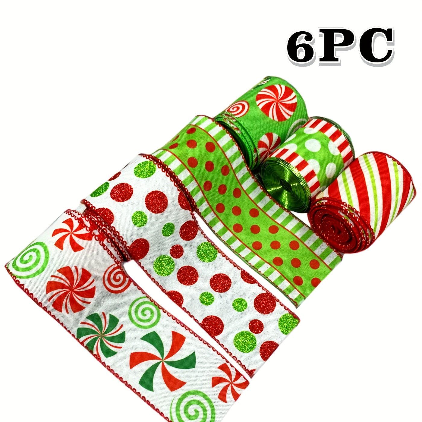 TEMU 6 Rolls Of Christmas Decorative Ribbons, 2.5 Inch Red And Green Polka Dot Ribbon, Candy Glitter Ribbon For Christmas Bow Decoration Crafts, Gift