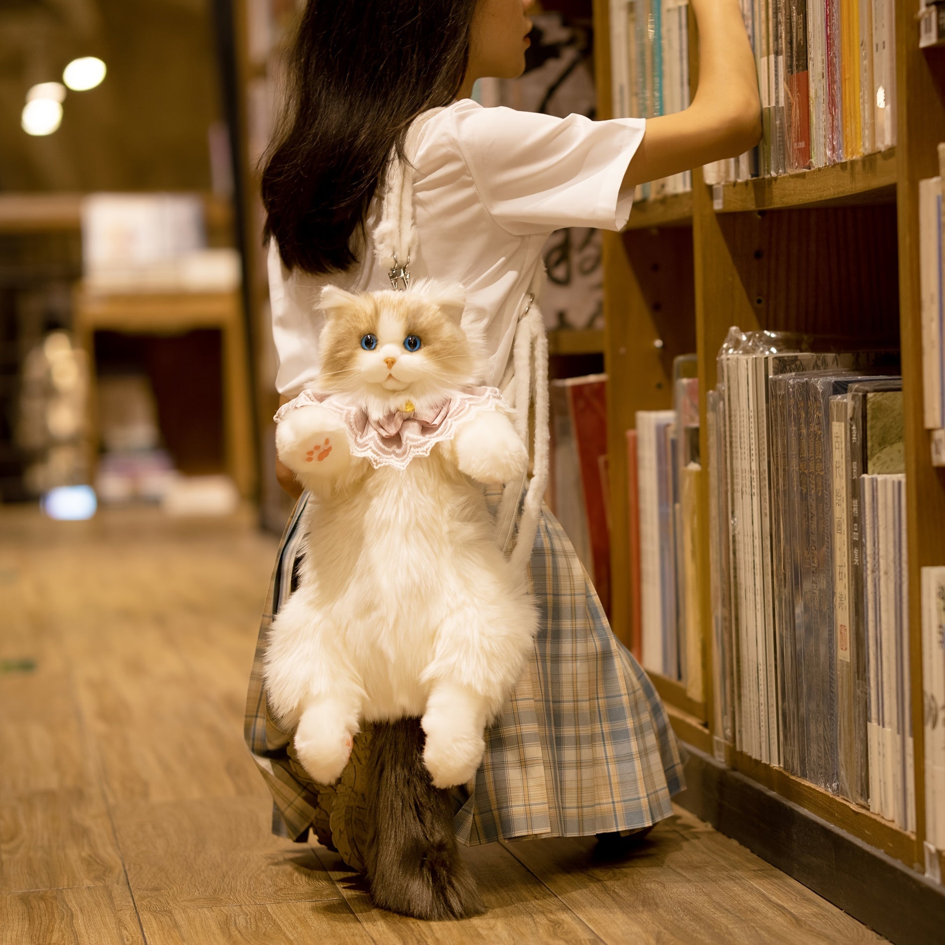 TEMU Chongker Handmade Plush Cat Backpack Stuffed Animal - Soft Ragdoll Kitten With Lace Collar, Beige & White, For Book Lovers, Gift For Cat Lovers