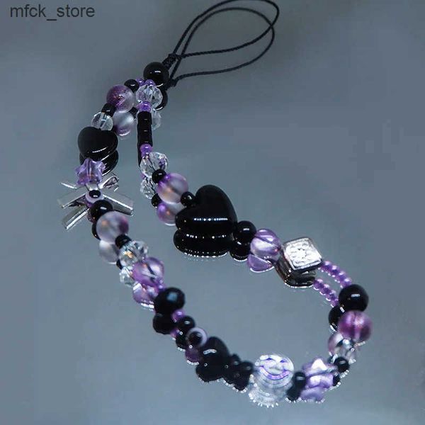 Cell Straps Charms Purple Rose Red Mobile Phone Charm Strap Chain Lanyard Acrylic Cross Black Heart Glass Bead Jewelry Women Girl Wristlet K