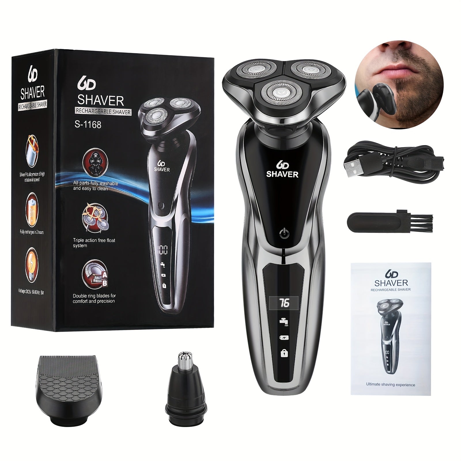 TEMU 3-in-1 Electric Razor For Men - Usb Rechargeable, Portable, 3d , Nose Hair Trimmer, Digital Display - Shaving And Beard Grooming