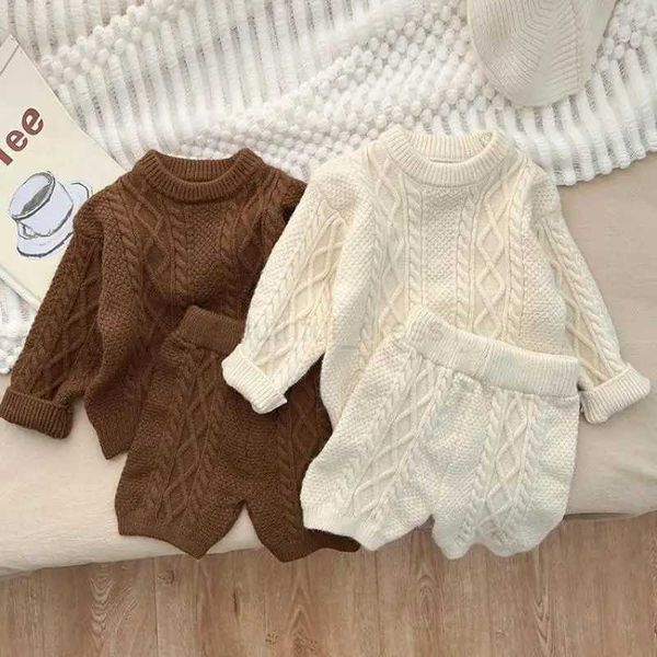 Autumn Winter Children Knitted Twist Sweater Set Kid Boy Girl Retro Casual Tops + Shorts 2pcs Baby Knitting Pullover Shirt SuitM240713