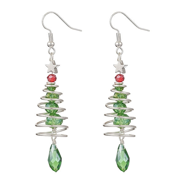 Boucles d'oreilles pendantes en verre et laiton avec sapin de Noël et étoile