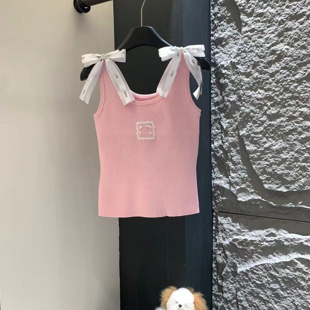 Women cute sweet ribbon bow patched shoulder knitted designer lace logo embroidery sleeveless tanks vest camis SMLXL